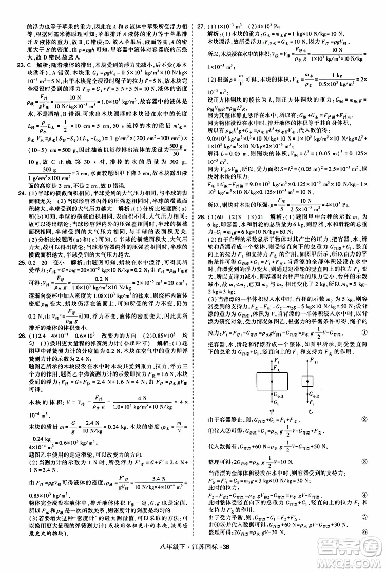 經(jīng)綸學(xué)典2019版學(xué)霸題中題物理八年級下冊江蘇國標(biāo)第三次修訂參考答案