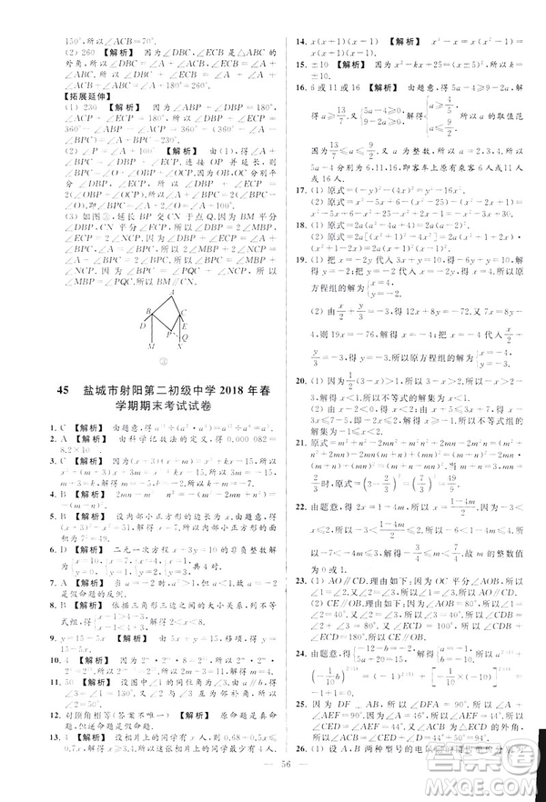 2019春新課標江蘇版亮點給力大試卷數(shù)學(xué)七年級下冊答案