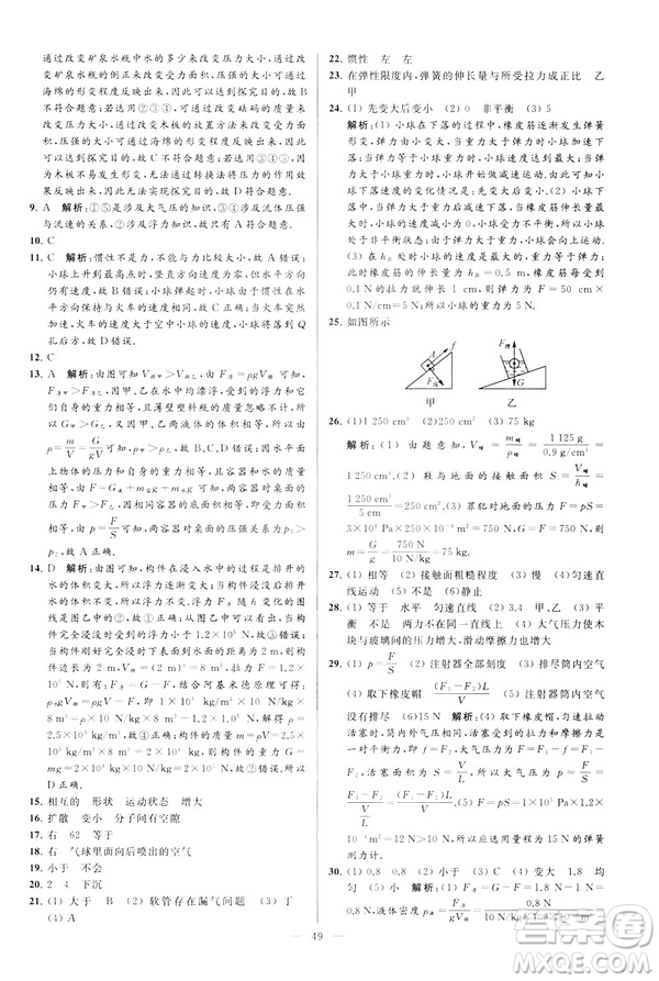 2019春亮點(diǎn)給力大試卷物理新課標(biāo)江蘇版八年級(jí)下冊(cè)答案