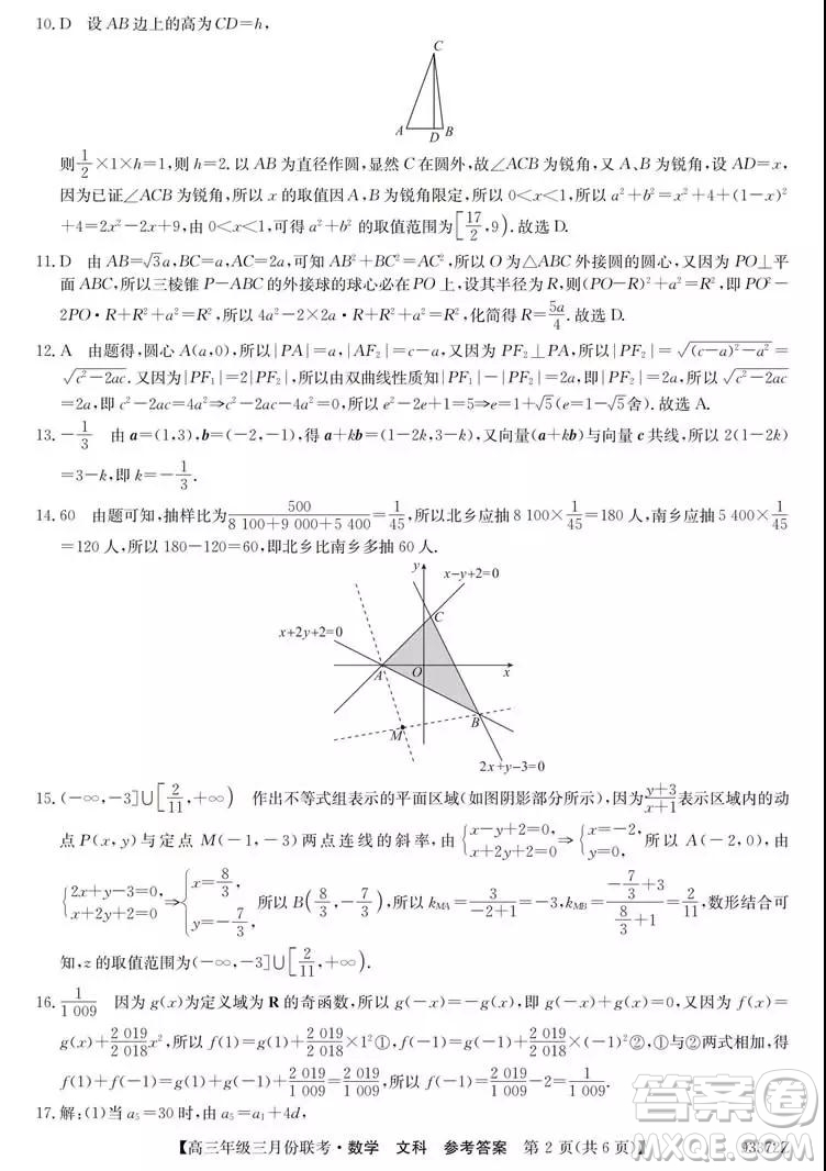 2019年全國(guó)高三年級(jí)三月份聯(lián)考數(shù)學(xué)試卷及參考答案