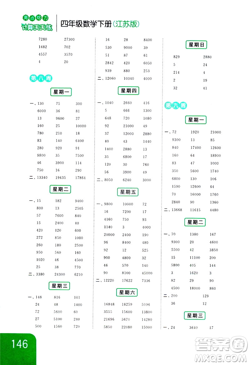 新課標江蘇版2019亮點給力計算天天練四年級數(shù)學下冊答案