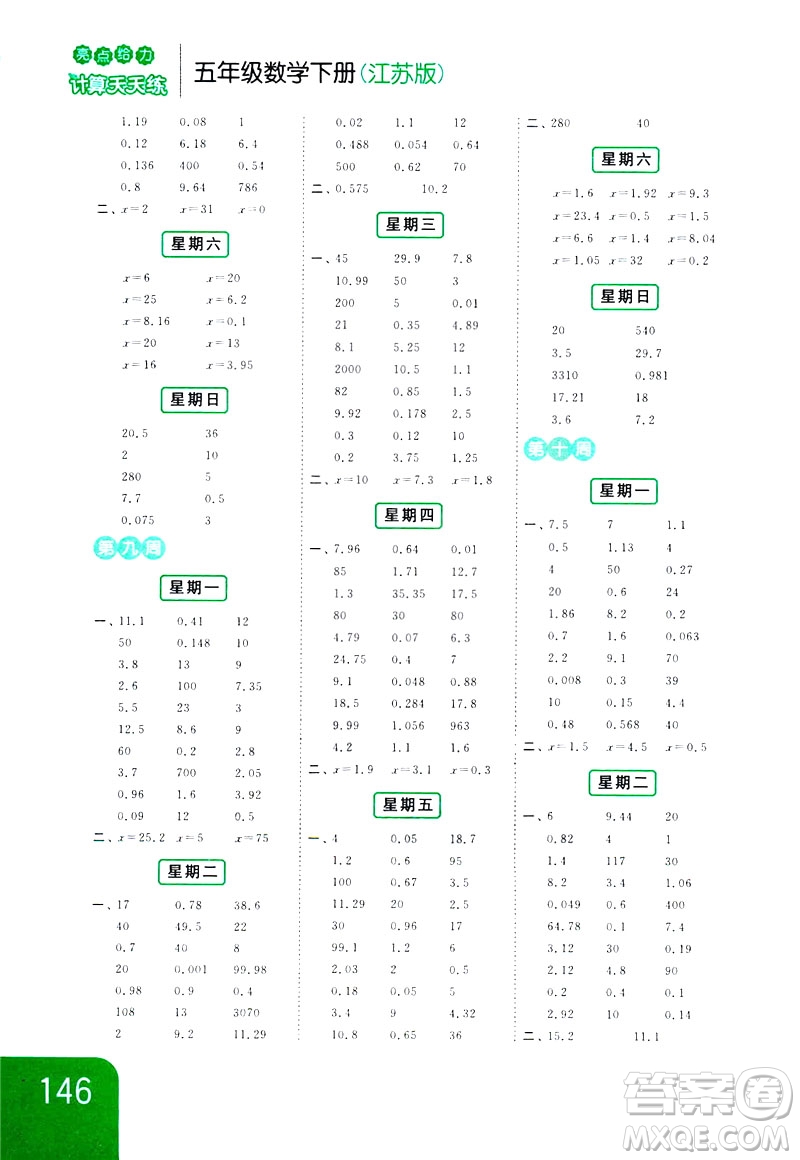 2019新課標(biāo)江蘇版亮點(diǎn)給力計(jì)算天天練五年級(jí)數(shù)學(xué)下冊(cè)答案