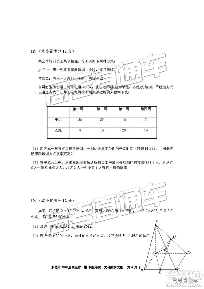 2019年?yáng)|莞一模文科數(shù)學(xué)試題及參考答案