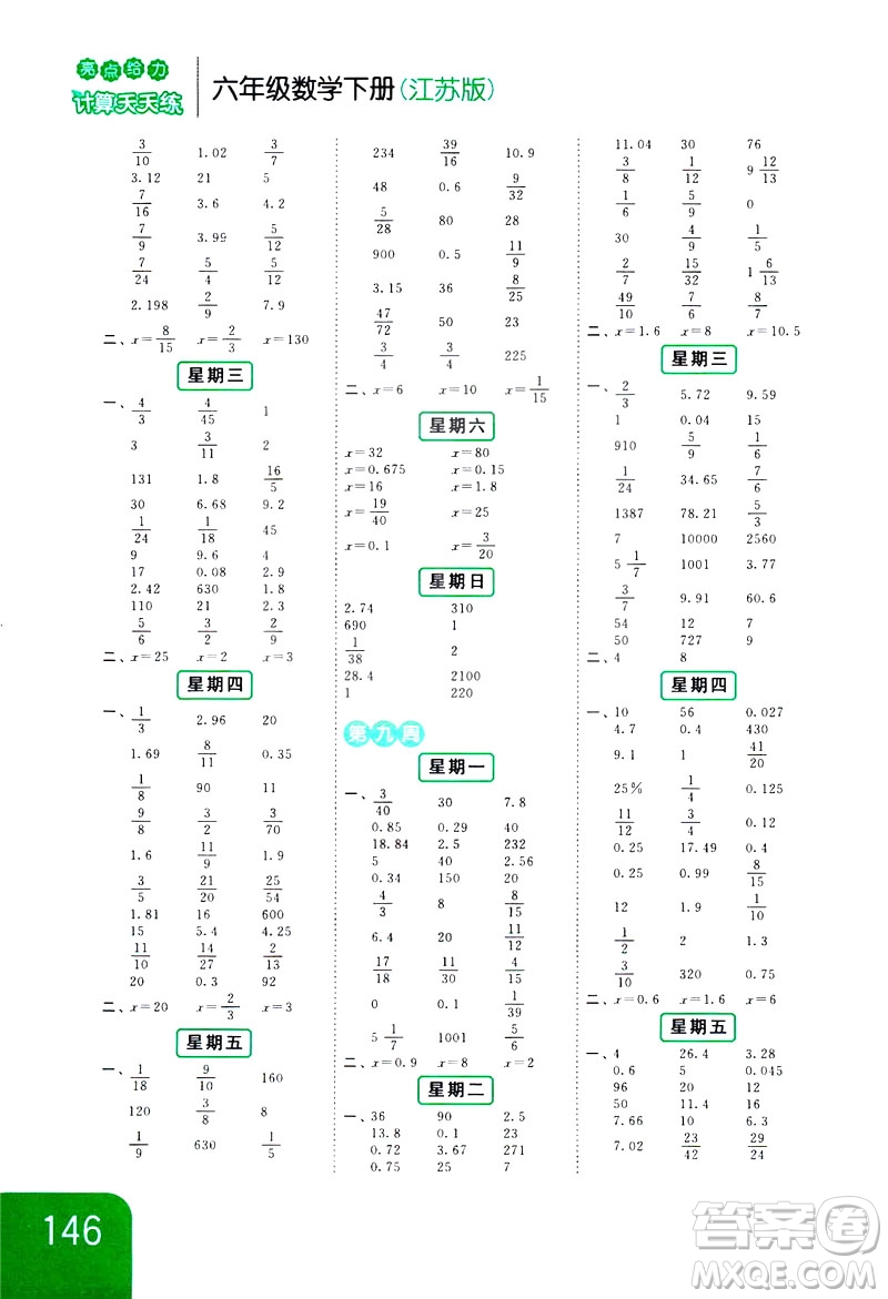 2019新課標(biāo)江蘇版亮點(diǎn)給力計(jì)算天天練六年級(jí)下冊數(shù)學(xué)答案