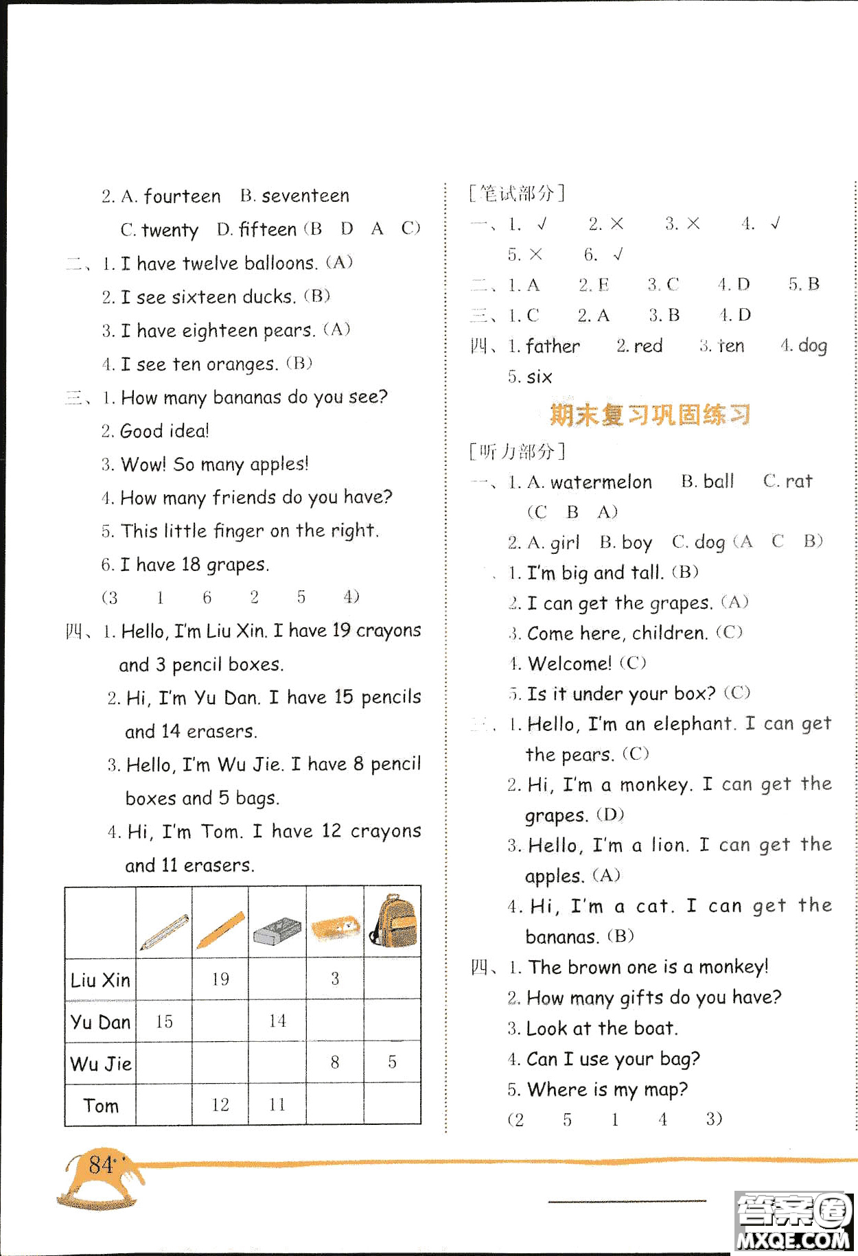 2019新版黃岡小狀元三年級下冊英語作業(yè)本RP人教版參考答案