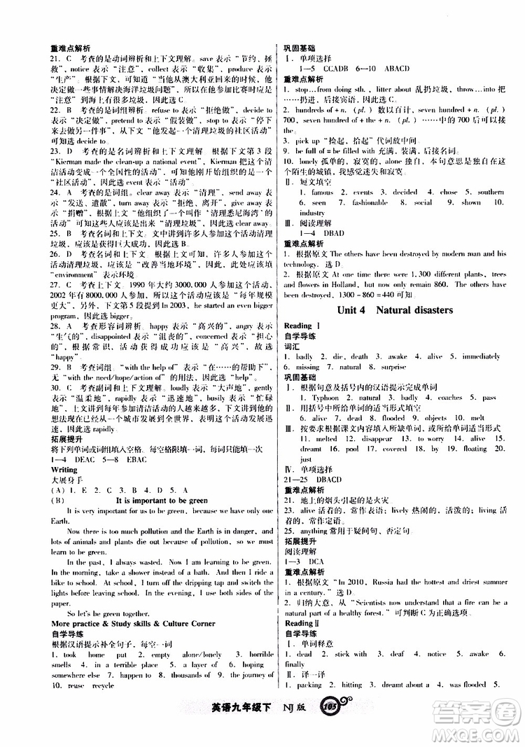 2019年尖子生新課標(biāo)課時(shí)作業(yè)英語九年級下冊NJ版牛津版參考答案