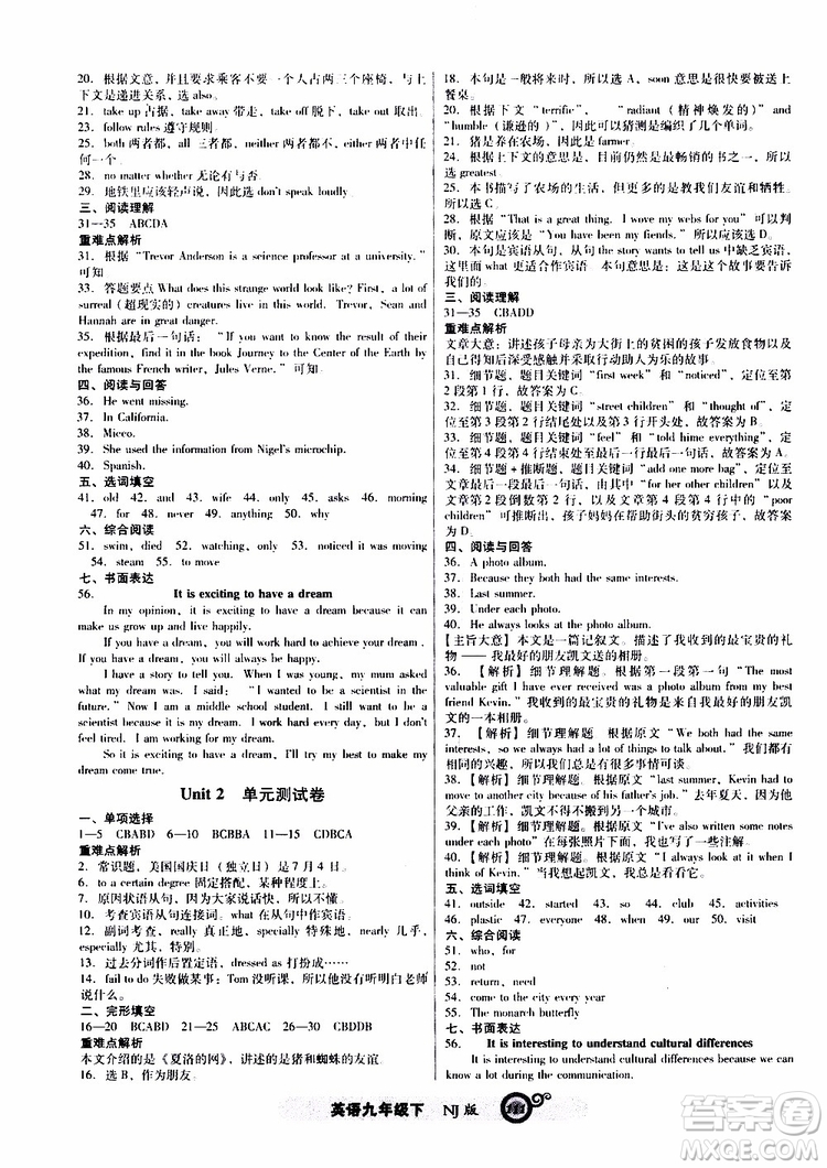 2019年尖子生新課標(biāo)課時(shí)作業(yè)英語九年級下冊NJ版牛津版參考答案