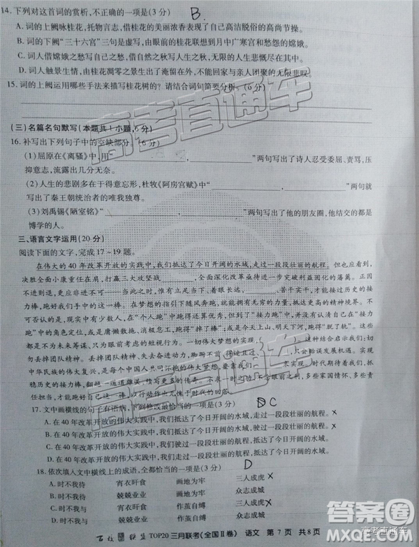 百校聯(lián)盟2019屆TOP20三月聯(lián)考全國Ⅰ、Ⅱ卷語文試卷及參考答案