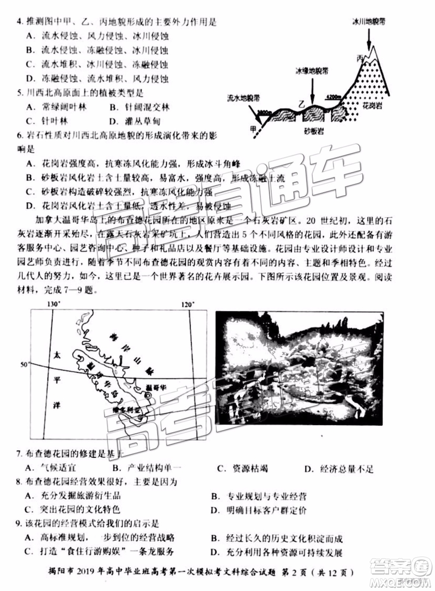 2019年揭陽(yáng)一模文綜理綜試題及參考答案