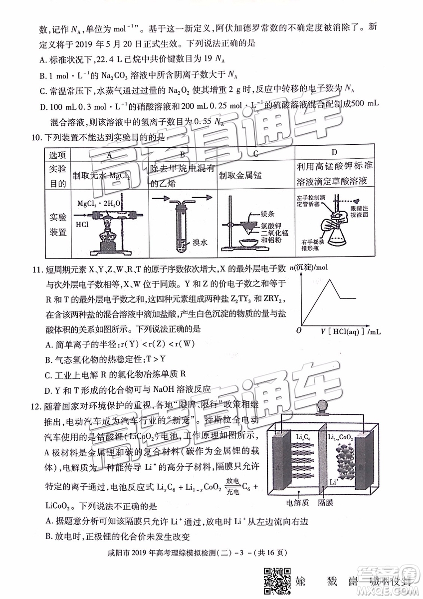 2019年咸陽二模理科綜合試題及參考答案