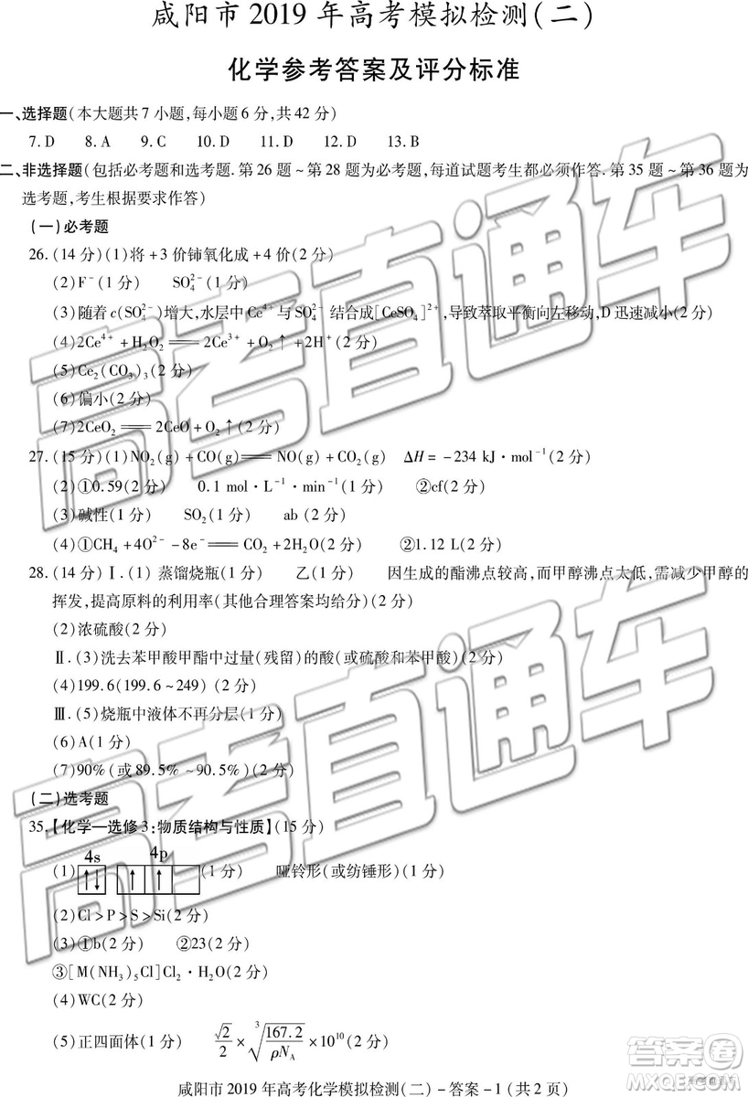 2019年咸陽二模理科綜合試題及參考答案