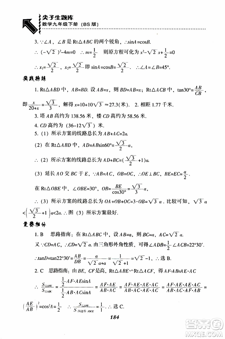 2019年尖子生題庫數(shù)學(xué)九年級(jí)下冊BS版北師版參考答案