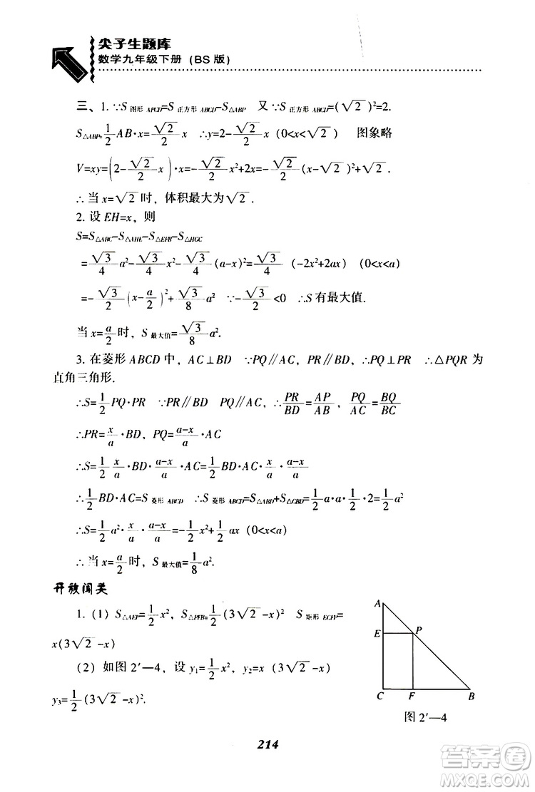 2019年尖子生題庫數(shù)學(xué)九年級(jí)下冊BS版北師版參考答案