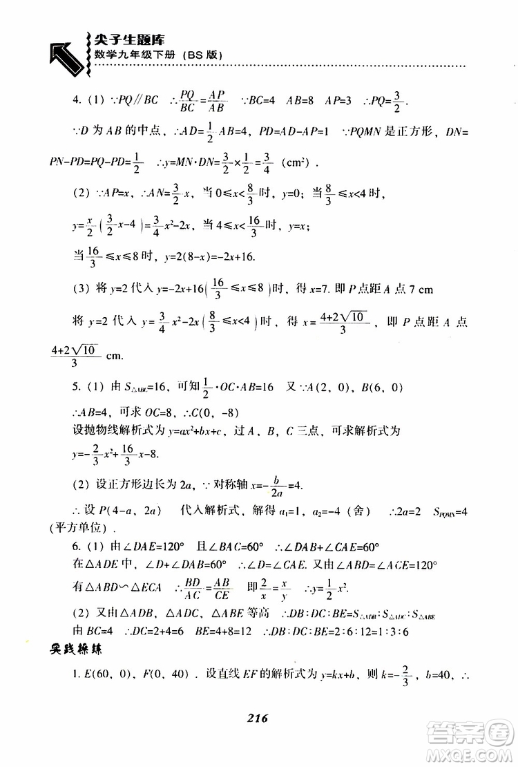 2019年尖子生題庫數(shù)學(xué)九年級(jí)下冊BS版北師版參考答案