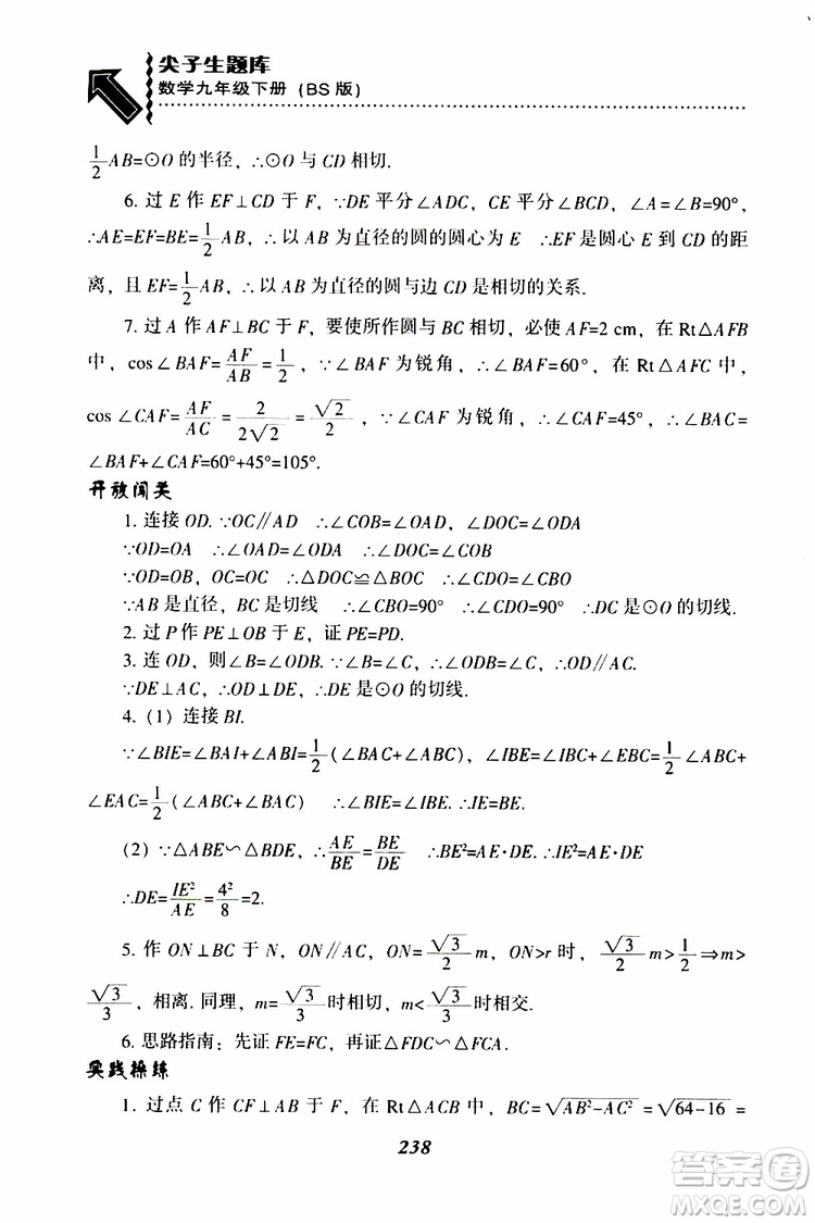 2019年尖子生題庫數(shù)學(xué)九年級(jí)下冊BS版北師版參考答案