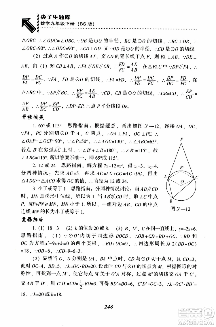 2019年尖子生題庫數(shù)學(xué)九年級(jí)下冊BS版北師版參考答案