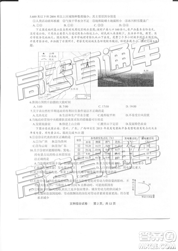 2019年3月上饒二模高三文綜理綜試題及參考答案