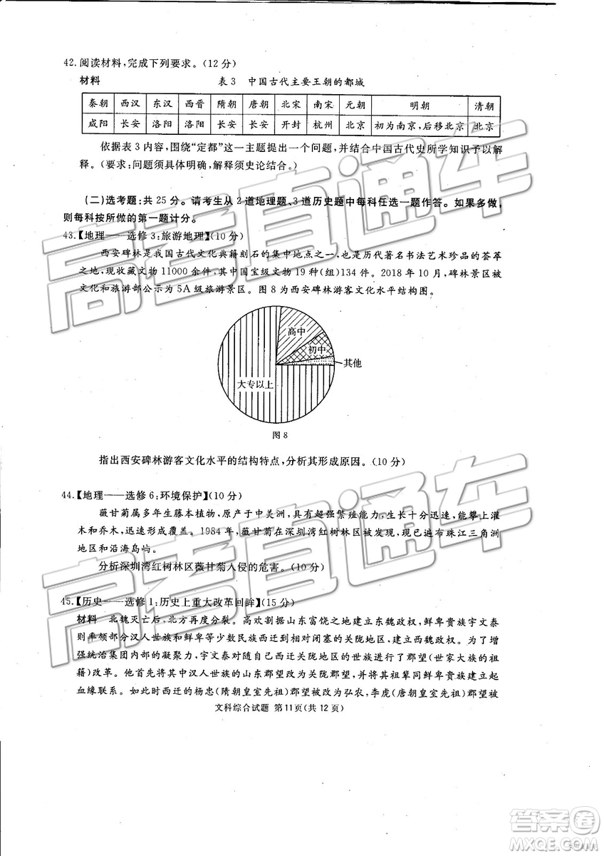 2019年3月廣安、眉山、遂寧、內(nèi)江、資陽、樂山六市二診文理綜試題及參考答案