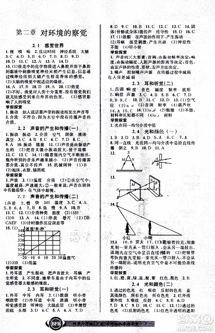 BFB初中課時(shí)優(yōu)化2019年名師金典七年級下冊科學(xué)參考答案