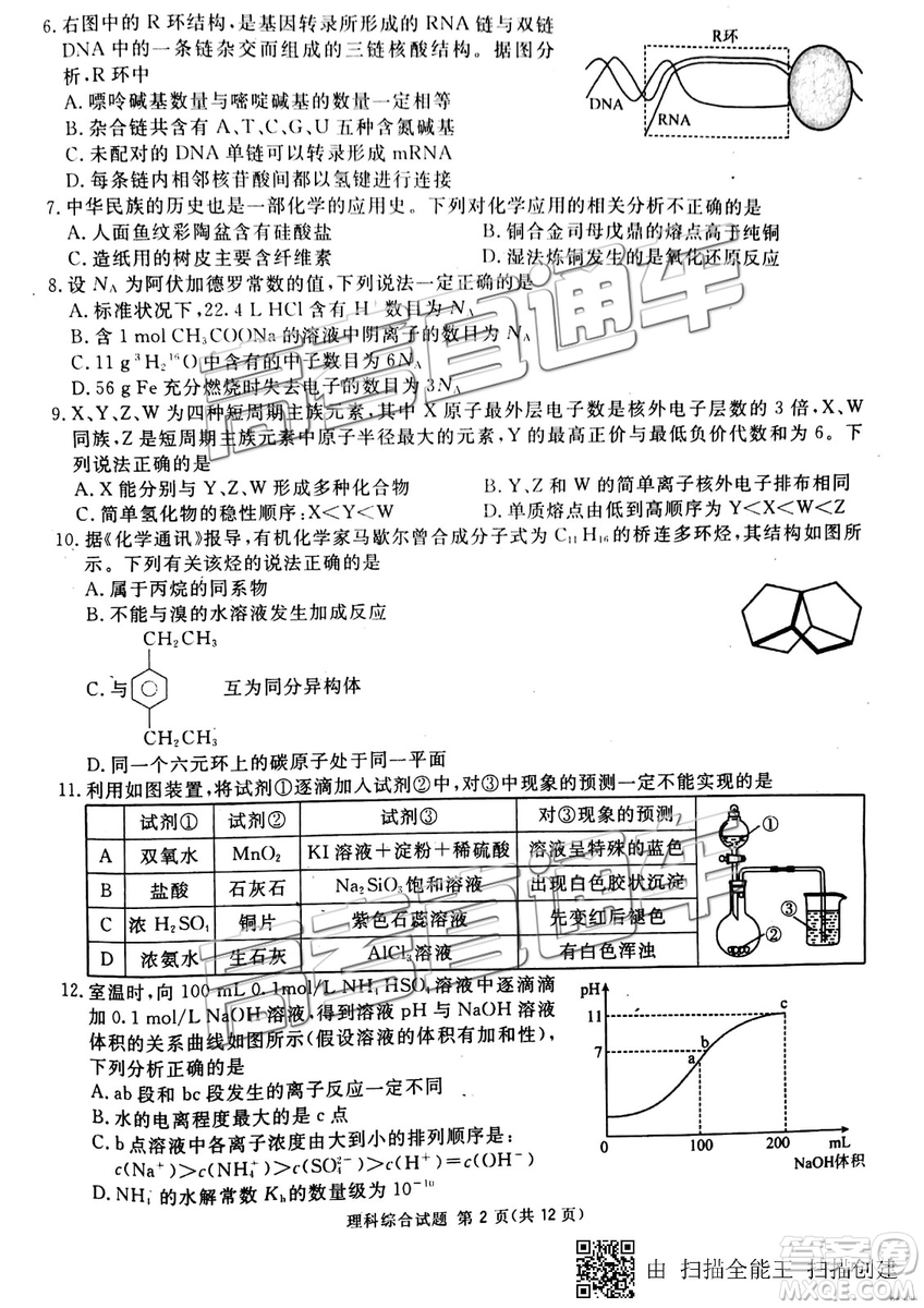 2019年3月廣安、眉山、遂寧、內(nèi)江、資陽、樂山六市二診文理綜試題及參考答案