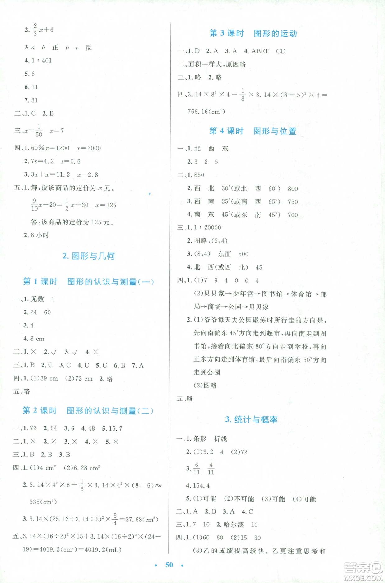 2019年小學生同步測控優(yōu)化設計人教版增強版六年級下冊數(shù)學答案