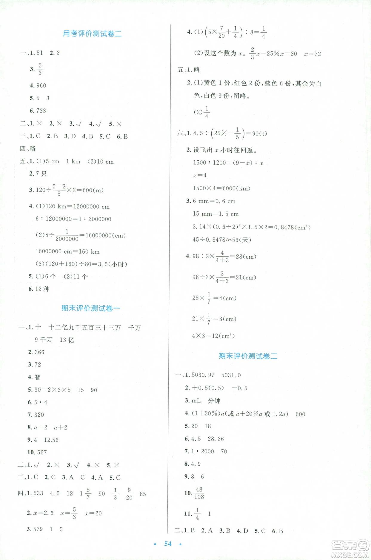 2019年小學生同步測控優(yōu)化設計人教版增強版六年級下冊數(shù)學答案