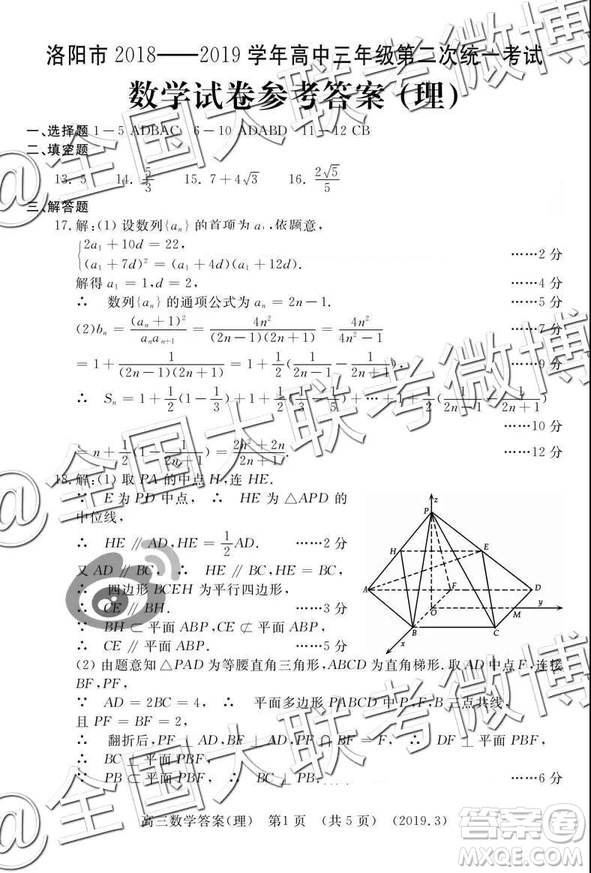 2019年3月洛陽二練文數(shù)理數(shù)答案解析