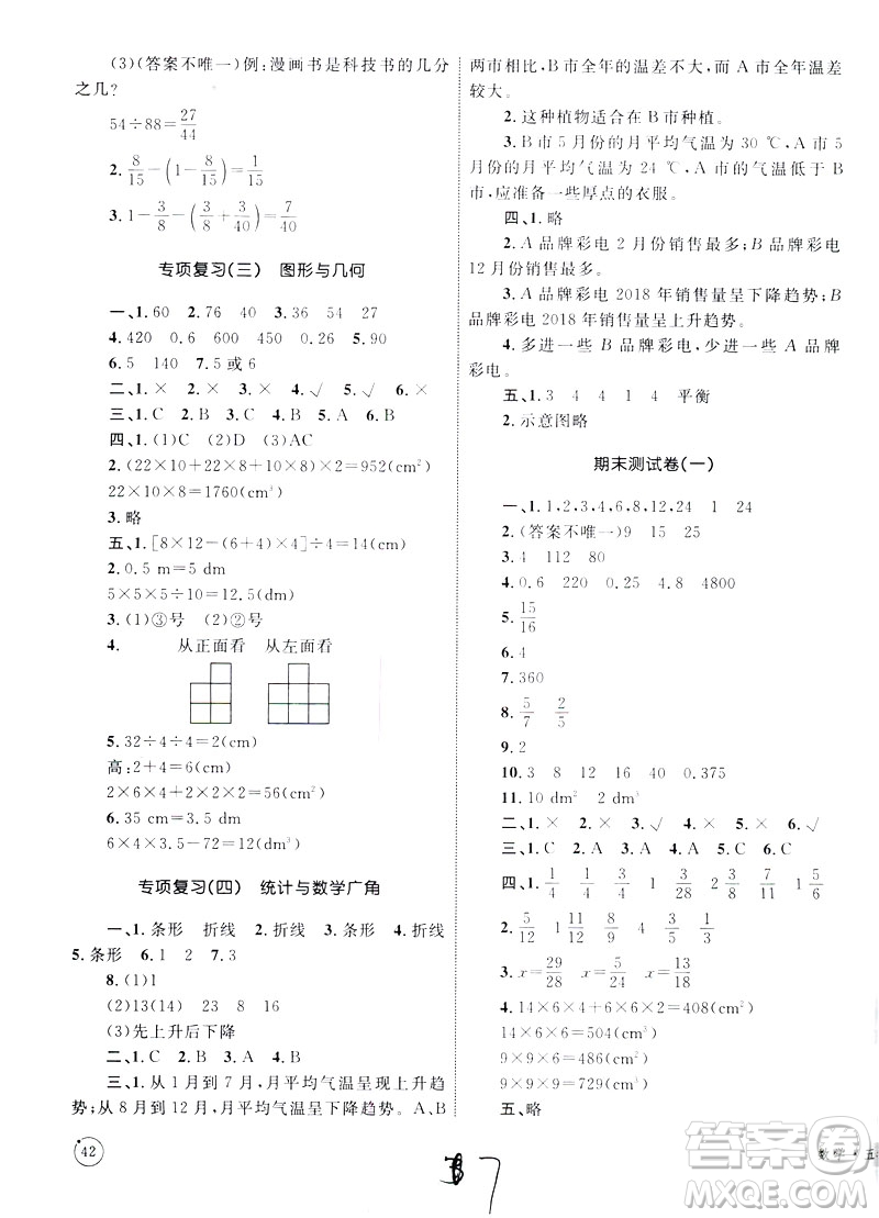 優(yōu)化設(shè)計(jì)2019版單元測(cè)試卷五年級(jí)數(shù)學(xué)下冊(cè)RJ版參考答案