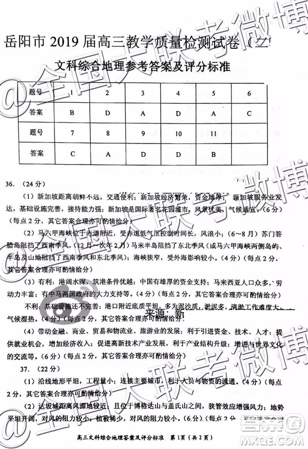 2109年岳陽二模文綜理綜參考答案