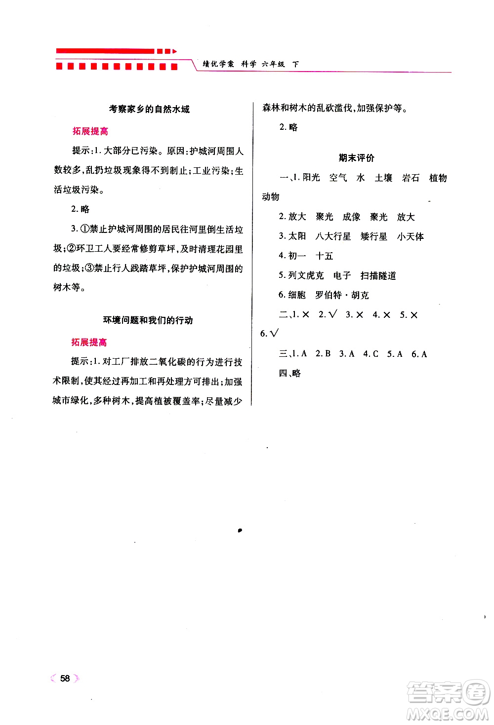 2019年績(jī)優(yōu)學(xué)案科學(xué)六年級(jí)下教科版參考答案