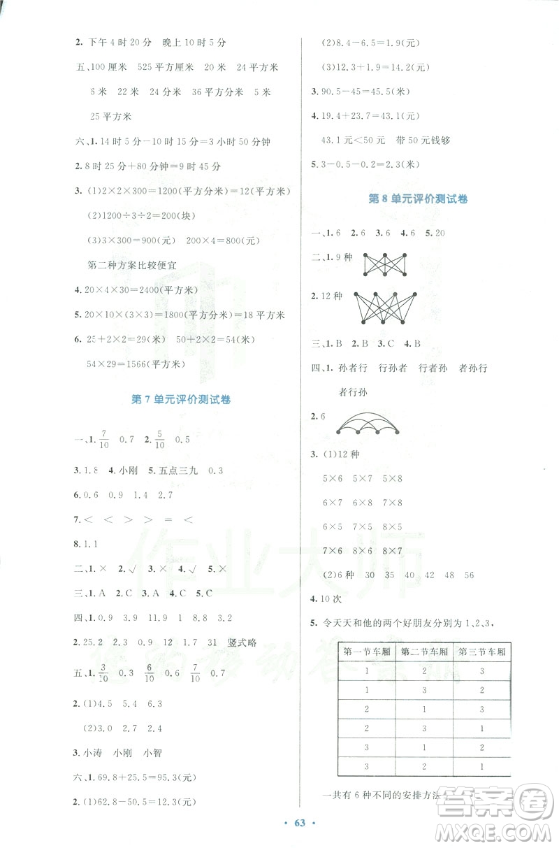 2019版小學同步測控優(yōu)化設計3年級下冊數(shù)學人教版增強版參考答案