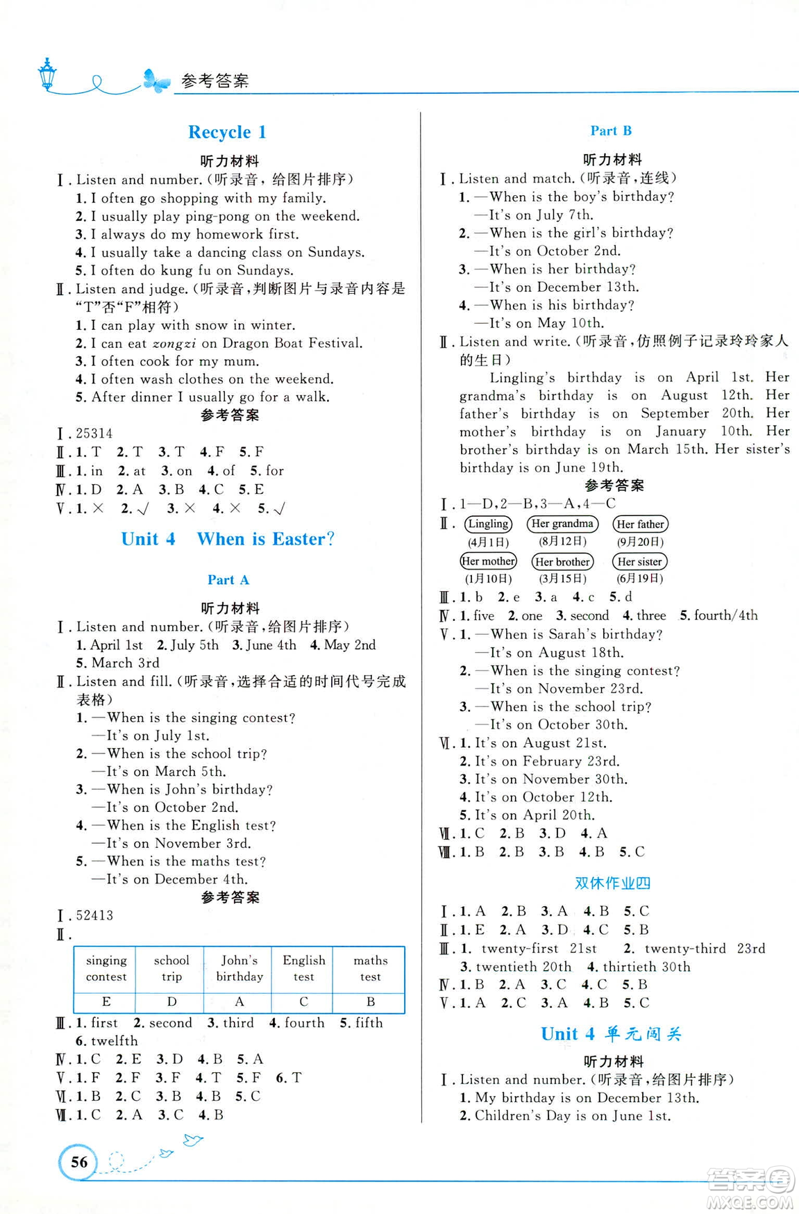 福建專版2019年五年級英語下冊人教版PEP小學同步測控優(yōu)化設(shè)計答案