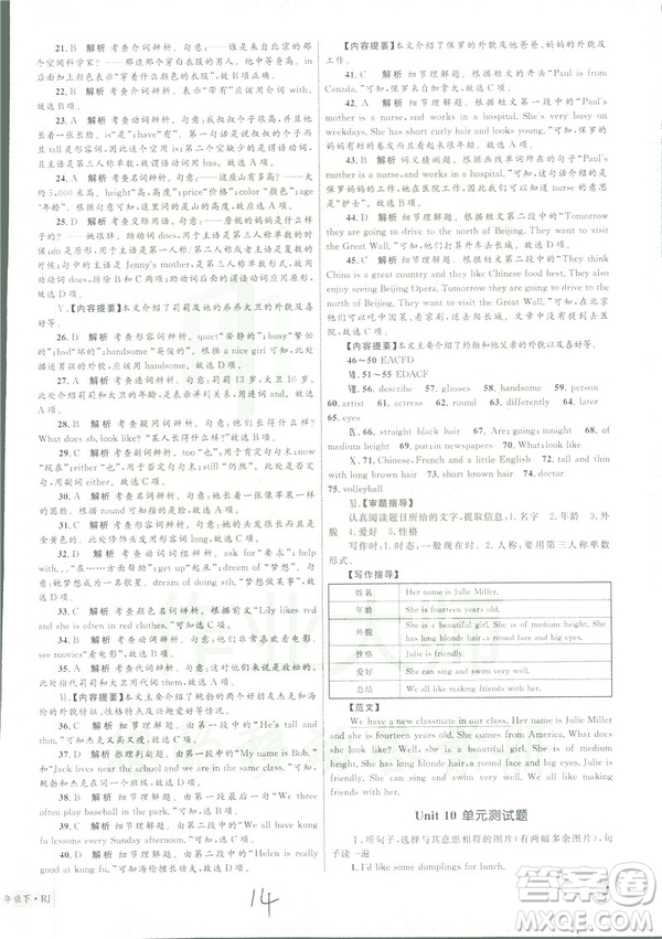 2019年優(yōu)化設計單元測試卷七年級下冊英語人教版參考答案