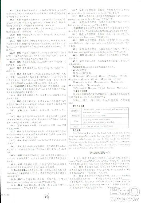 2019年優(yōu)化設計單元測試卷七年級下冊英語人教版參考答案