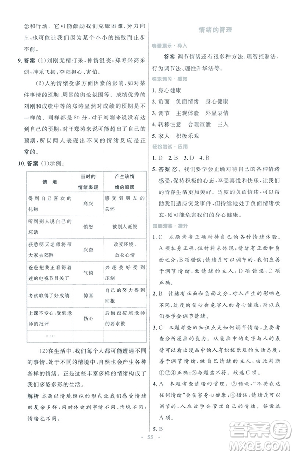 2019年初中同步測控優(yōu)化設計道德與法治七年級下冊人教版參考答案