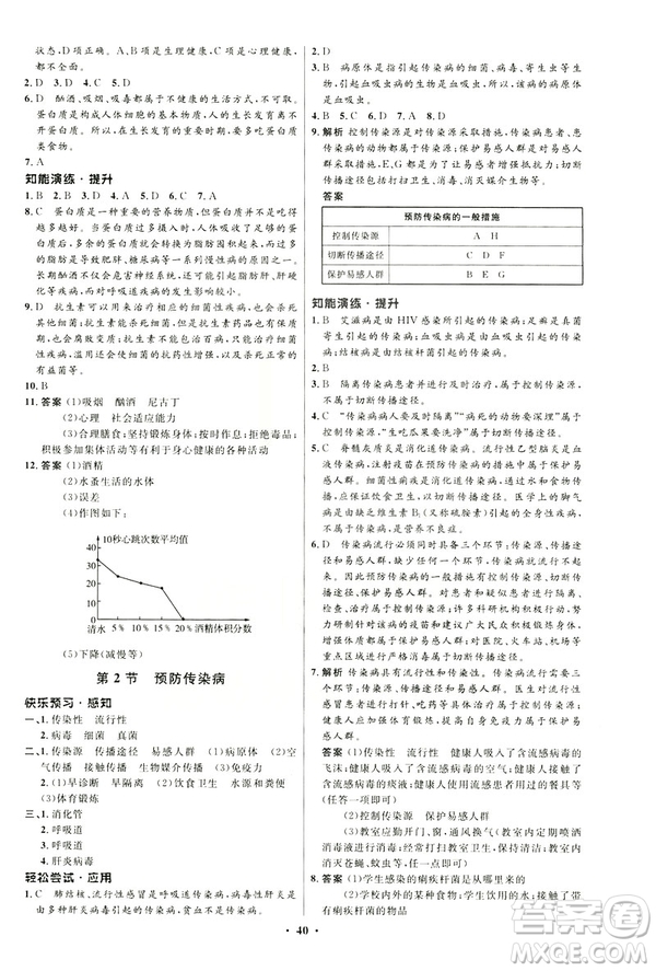 2019春初中同步測控優(yōu)化設(shè)計(jì)生物七年級下冊北師大版參考答案