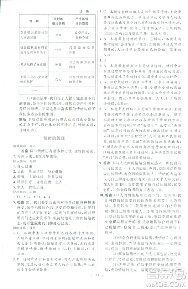 福建專版2019年七年級(jí)道德與法治下冊(cè)人教版初中同步測(cè)控優(yōu)化設(shè)計(jì)答案