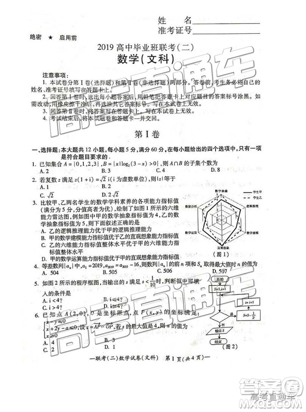 2019年4月衡陽(yáng)二模文理數(shù)試題及參考答案