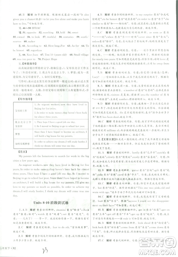 2019年優(yōu)化設(shè)計單元測試卷八年級下冊英語RJ人教版參考答案