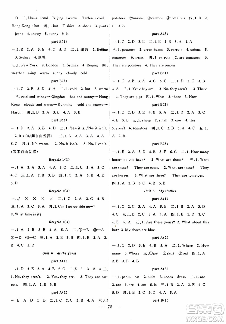 長江少年兒童出版社2019年優(yōu)質(zhì)課堂導學案四年級下冊英語參考答案