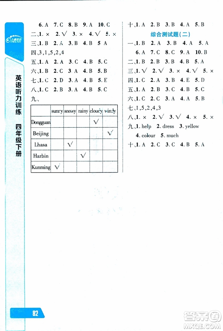 2019年長(zhǎng)江全能學(xué)案英語(yǔ)聽(tīng)力訓(xùn)練四年級(jí)下冊(cè)人教版參考答案