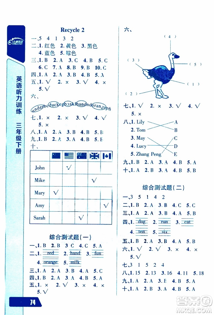 人教版2019年長江全能學案英語聽力訓練三年級下冊參考答案