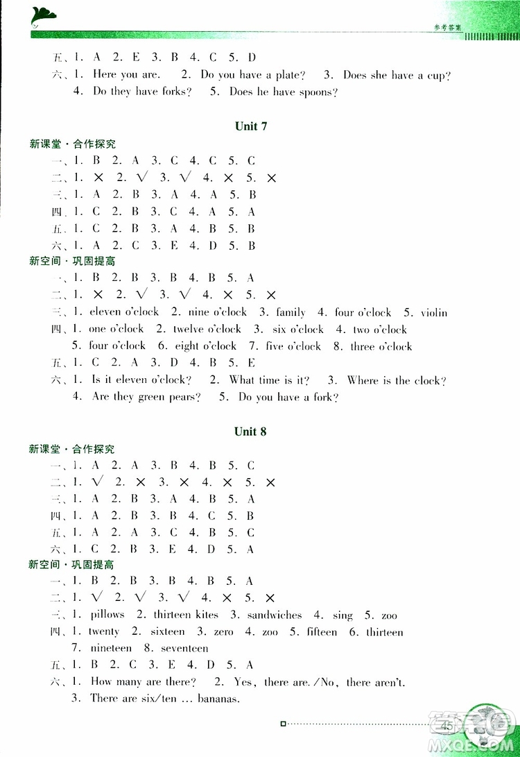 2019春南方新課堂金牌學(xué)案英語(yǔ)小學(xué)三年級(jí)下冊(cè)粵人民版參考答案