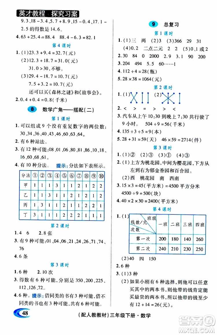 2019春英才教程探究習(xí)案課時精練三年級下冊數(shù)學(xué)人教版參考答案