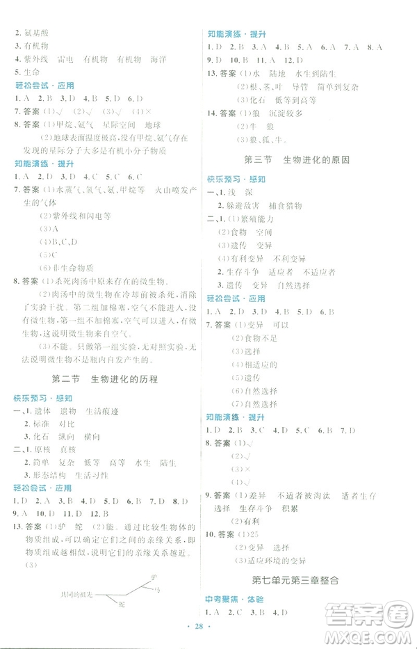 2019福建專版初中同步測控優(yōu)化設(shè)計八年級下冊生物學(xué)人教版參考答案