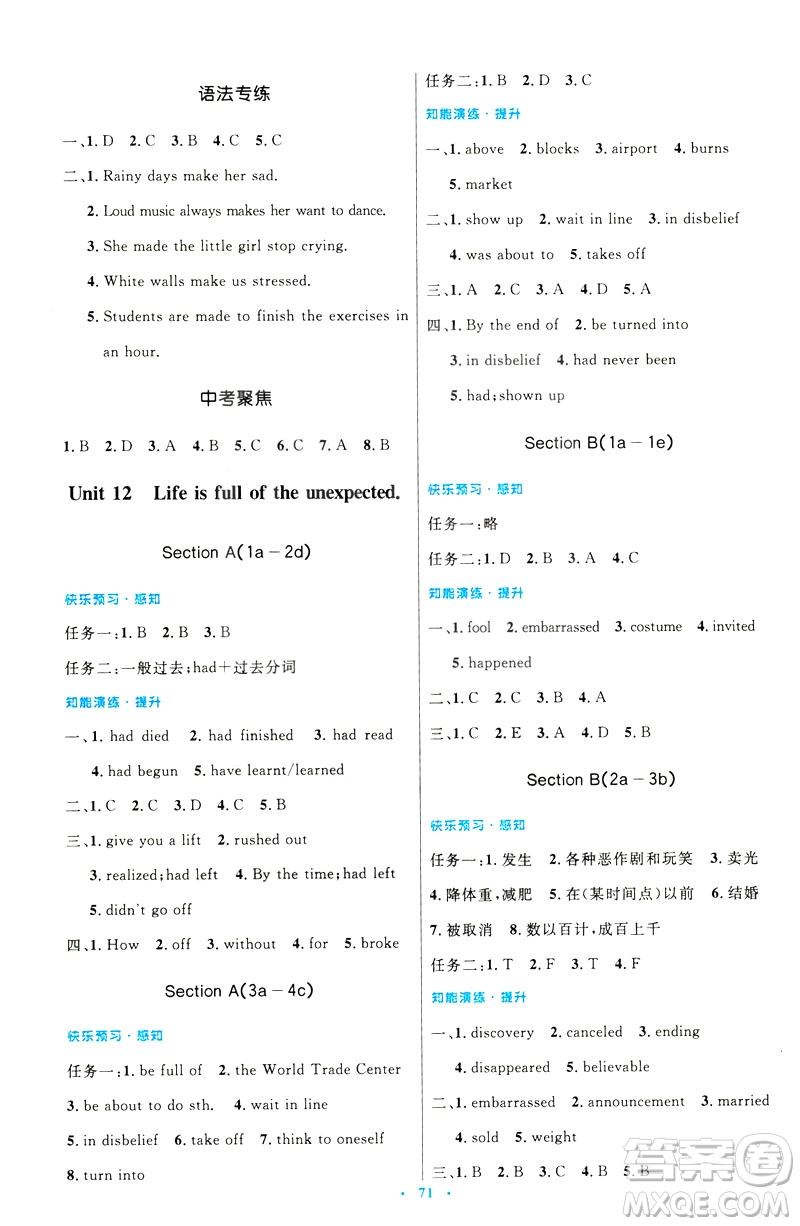 2019年初中同步測控優(yōu)化設(shè)計九年級全一冊英語參考答案