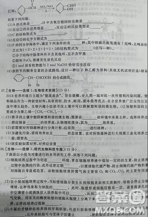 2019年全國(guó)百所名校高考模擬調(diào)研卷六理綜參考答案