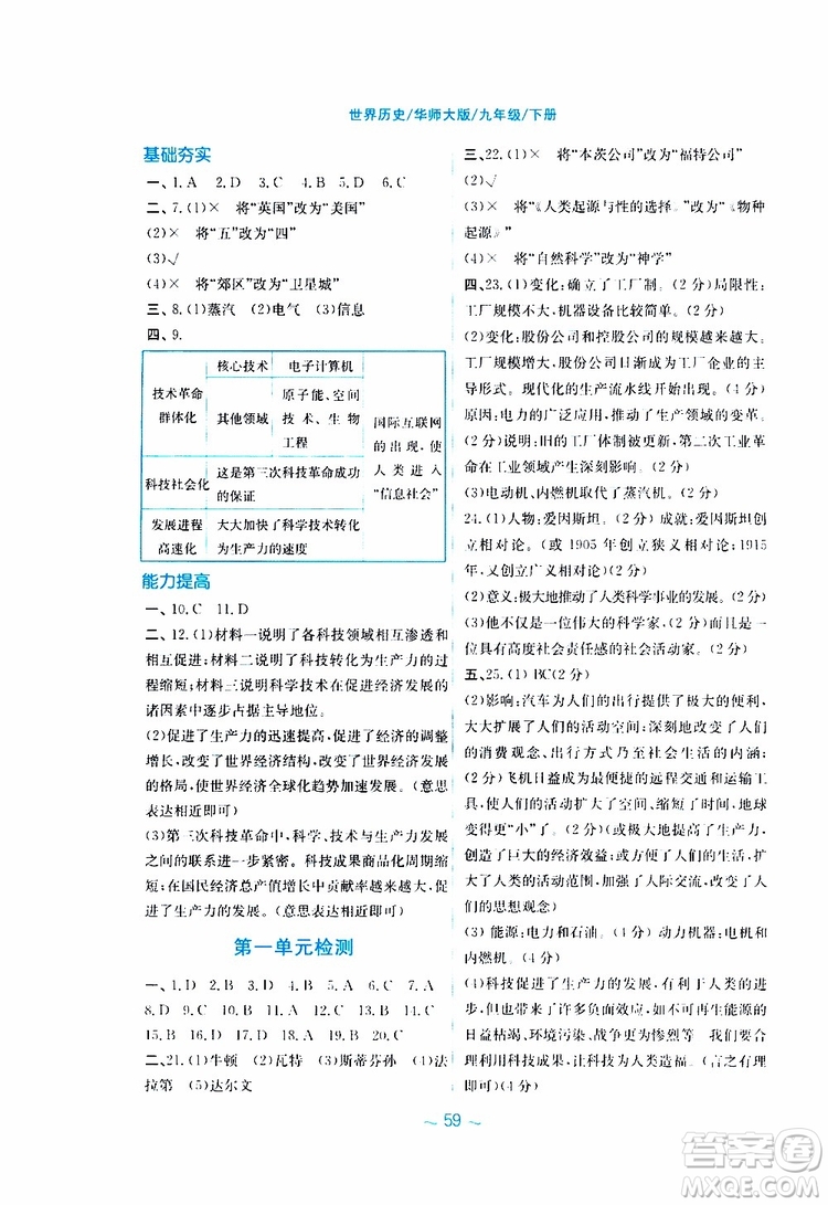 2019年安徽新編基礎(chǔ)訓(xùn)練九年級下冊歷史華師大版參考答案