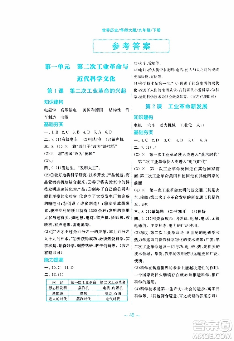 2019年安徽新編基礎(chǔ)訓(xùn)練九年級下冊歷史華師大版參考答案