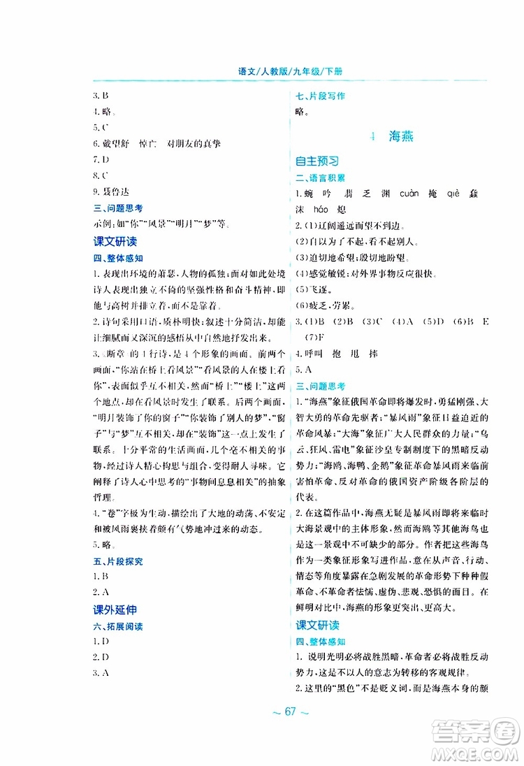 2019春新編基礎(chǔ)訓(xùn)練九年級(jí)語(yǔ)文下冊(cè)人教版RJ版參考答案